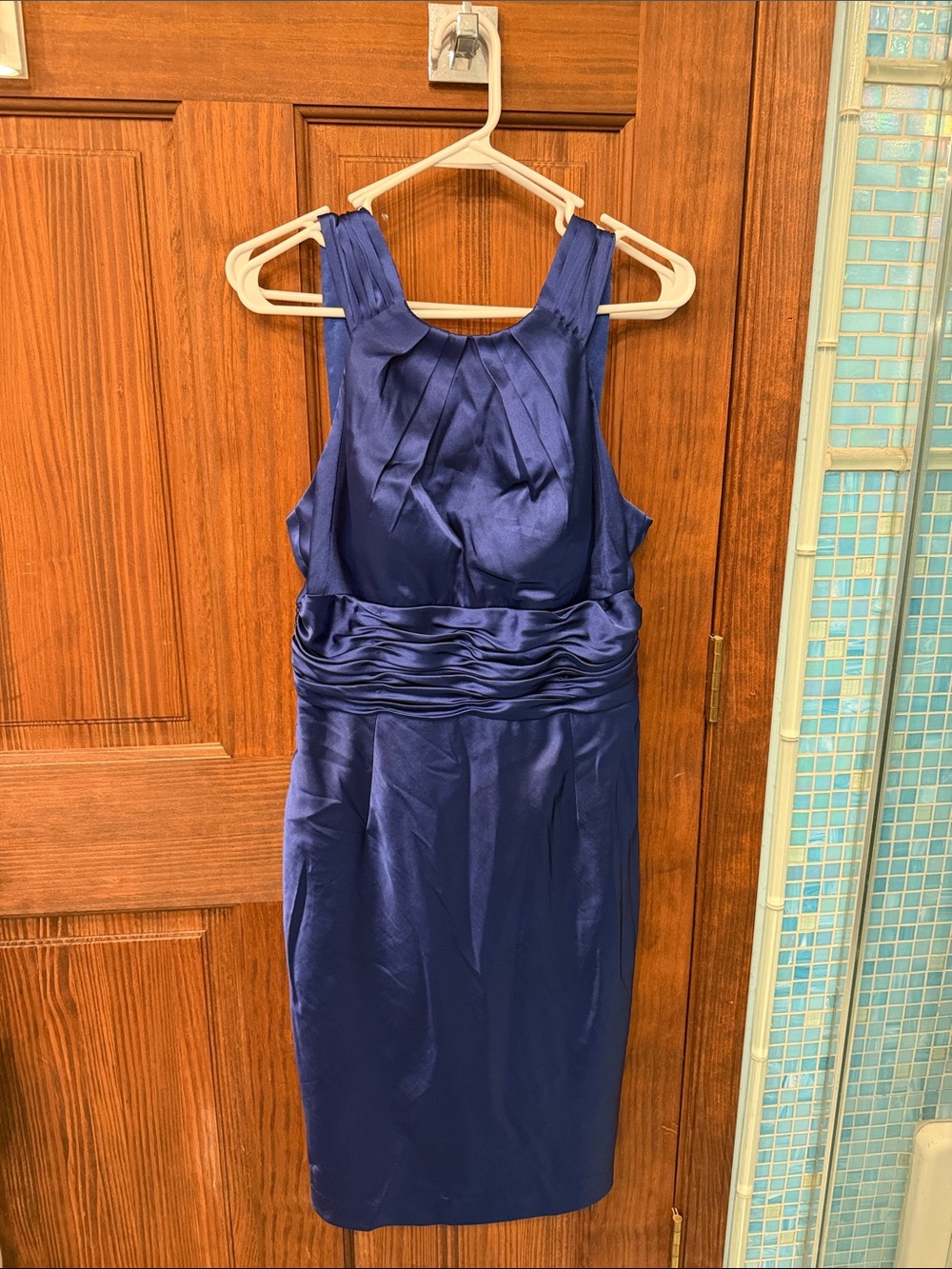 Papell Boutique Royal Blue Satin Midi Dress with Ruched Waist